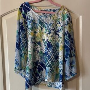 JM Collection Blue and Green Abstract Cut out Rhinestones Blouse PS